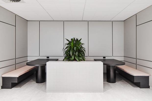 A symmetrical, minimalist commercial interior with a central tiled planter or reception-style feature containing a large green plant. Dark built-in tables with rounded corners and black cylindrical supports line both sides, paired with pale upholstered bench seating. The room has light grey paneled walls with dark linear trims, a white tiled floor, and a suspended acoustic ceiling.