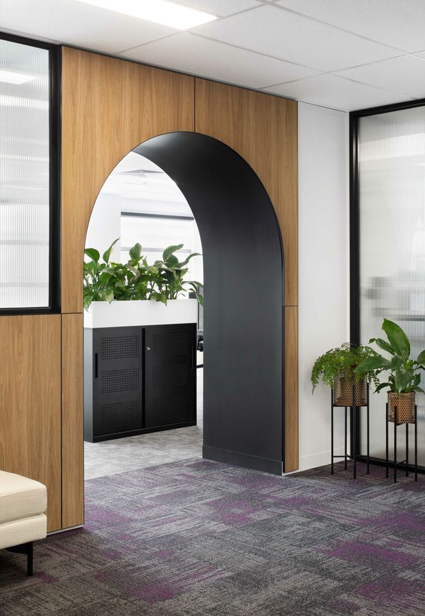 Contemporary commercial interior featuring a dramatic black arched doorway set within warm timber wall panelling. The space has grey patterned carpet with purple accents, black-framed fluted-glass partitions, white acoustic ceiling tiles, indoor planting, and dark perforated built-in cabinetry visible through the arch.