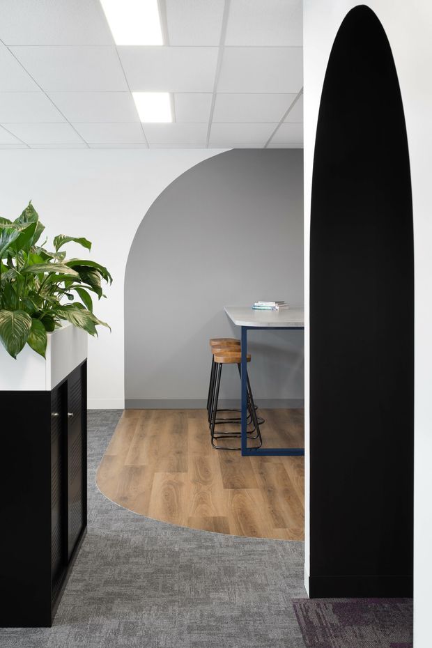 A modern commercial office interior viewed through a dramatic black arched opening. The space features a grey acoustic tiled ceiling, white walls, a large grey curved feature wall, grey carpet, a timber-finished inset flooring area, a high communal table with stools, and a black built-in cabinet topped with a leafy plant. The design uses strong geometric forms and contrasting black, grey, white, and timber tones.
