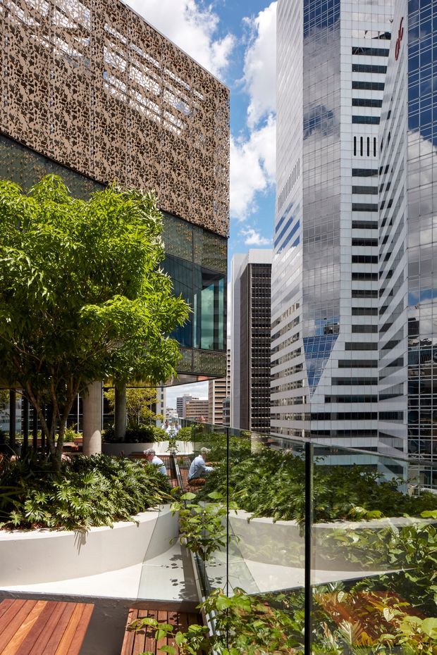A landscaped elevated terrace in a dense urban commercial district, framed by glass balustrades, raised white planter beds, lush greenery, and timber decking. A contemporary building with a perforated decorative metal facade stands on the left, while tall modern office towers surround the terrace. The scene is bright and airy with strong architectural and city-context views.