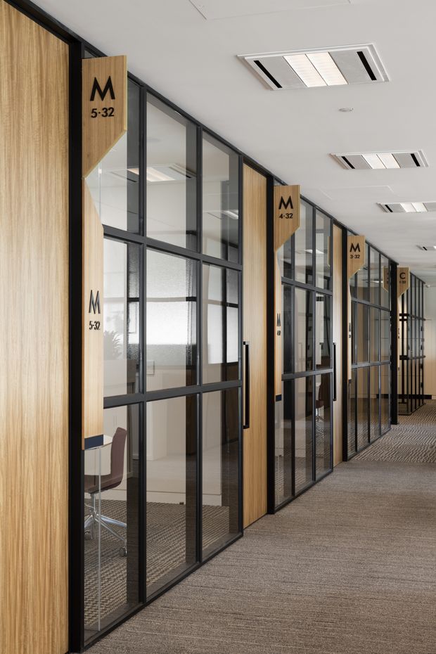 A modern commercial office corridor with a row of glazed meeting rooms or offices. Full-height black-framed glass partitions and doors are paired with warm vertical timber wall panels and projecting timber room signs. Neutral patterned carpet, white acoustic ceiling tiles, and recessed linear fluorescent fixtures create a clean, contemporary workplace environment.