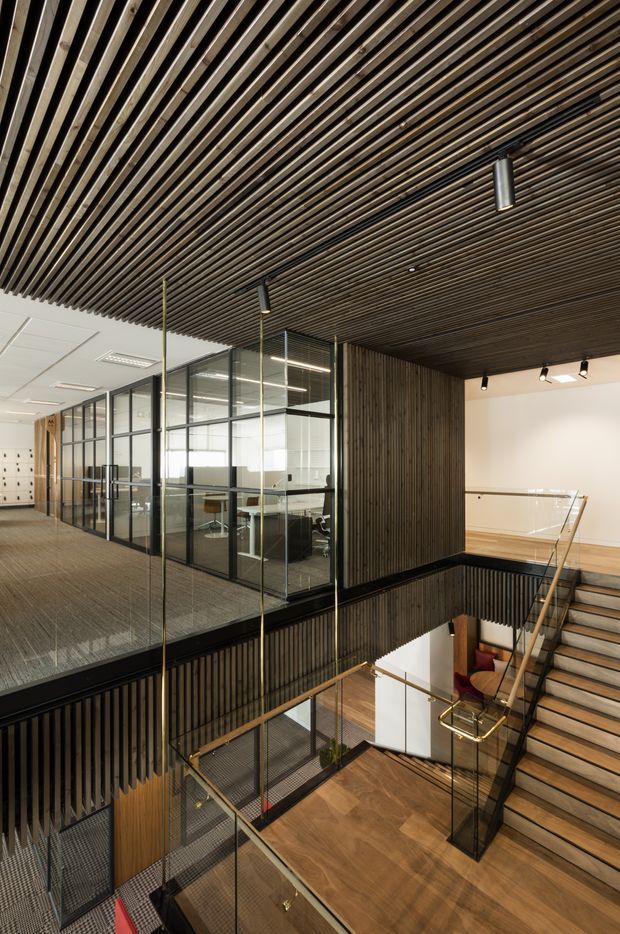 A contemporary multi-level commercial interior featuring an open stairway and landing, glass-partitioned offices, dark timber slatted ceilings and wall panelling, black metal-framed glazing, and timber flooring. A mezzanine-like upper level overlooks the lower circulation space, with slim metal balustrades and warm recessed and track lighting.