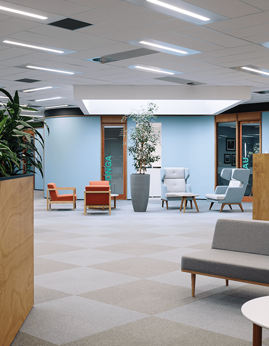 An off-axis ceiling grid sets up a dynamic environment complemented by the sleek, often vibrant furnishings.