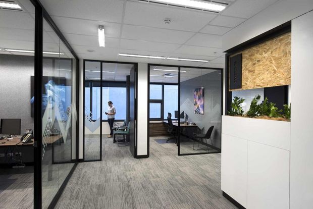 A contemporary open-plan commercial office interior viewed from a circulation area, with carpeted flooring, suspended acoustic ceiling tiles, black-framed glazed meeting rooms and offices, workstations, and a large white built-in planter and display feature with a textured timber-look panel. The space is brightly lit and organised with a neutral grey, white, and black palette.