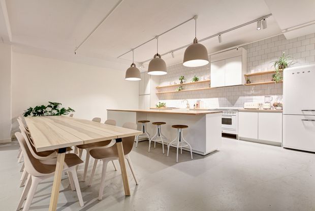 Bright open-plan kitchen and dining area with a minimalist white fit-out. The kitchen features a central island with timber benchtop, white cabinetry, white subway-tile splashback, open timber shelves with plants, integrated appliances and a large white refrigerator. A light timber dining table and chairs sit beneath three pendant lights, with track lighting and a smooth concrete-look floor contributing to the clean contemporary aesthetic.