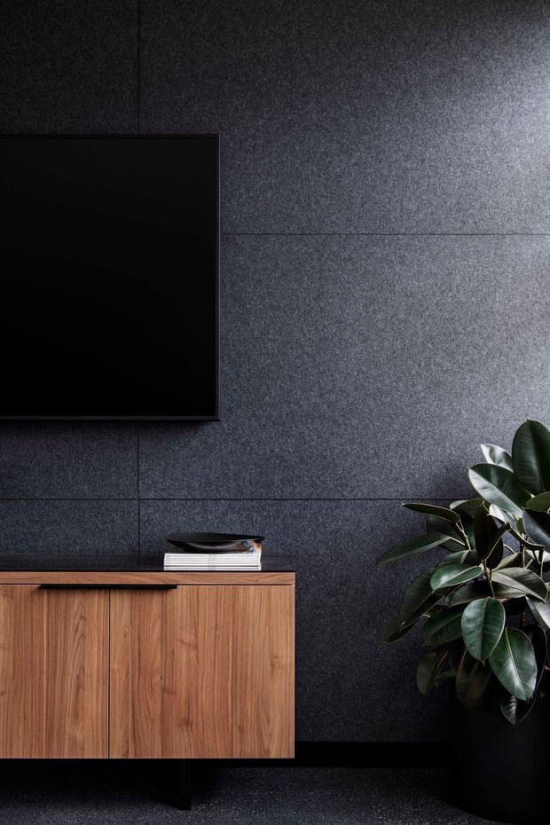 A moody contemporary living room vignette featuring a wall-mounted black television on a dark charcoal textured wall, a low walnut timber sideboard with black detailing, and a large leafy indoor plant in a black planter. The composition is minimalist and refined, with strong dark tones, subtle horizontal and vertical wall panel joints, and warm timber contrast.