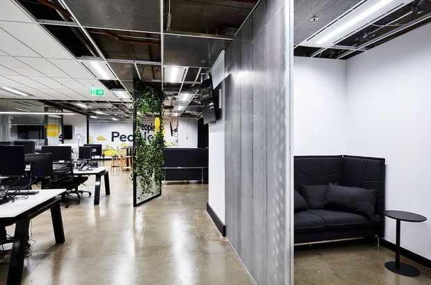A contemporary open-plan commercial office interior with workstations, computer desks, meeting or breakout areas, a black upholstered lounge, and a polished concrete floor. The space features exposed services and ductwork in the ceiling, linear lighting, perforated metal screening, white walls, and indoor greenery used as a divider.