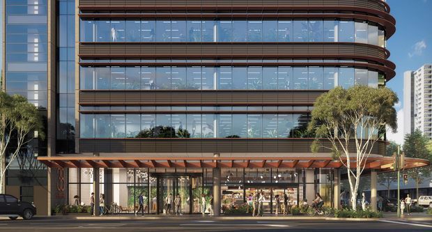 Street-level architectural rendering of a contemporary multi-storey commercial building. The facade features extensive floor-to-ceiling glazing, dark horizontal metal or composite bands, rounded corners, and a projecting timber-toned canopy over a glazed ground-floor retail or hospitality space. Urban street frontage, mature street trees, pedestrians, and neighbouring high-rise buildings are visible.