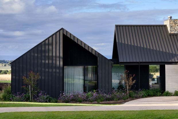 Exterior view of a contemporary rural-style residence composed of dark vertically ribbed metal-clad gabled volumes. Large glazed openings sit beneath sharp pitched rooflines, with a pale masonry chimney visible on the right. The building is set within landscaped planting and lawn, with open agricultural fields visible beyond.
