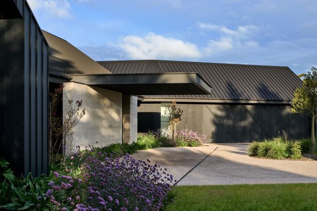 Contemporary residential exterior viewed from the driveway, featuring dark vertical cladding, a large pitched metal roof, and a projecting flat-roofed entry canopy. The facade includes a broad dark garage door, a pale rendered or concrete entry wall, and landscaped garden beds with flowering plants beside a concrete driveway.