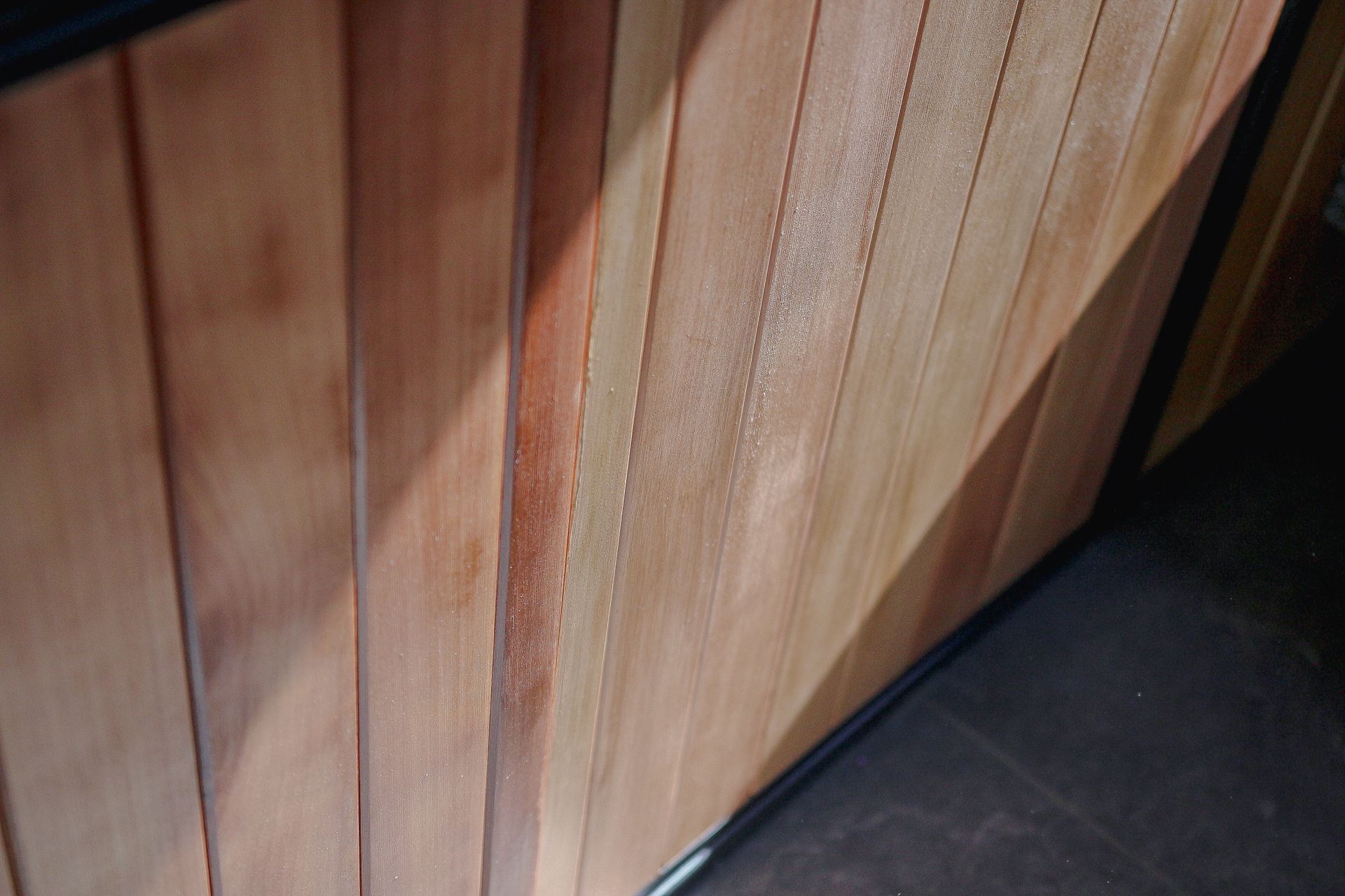 Tongue &amp; groove cedar soft-close doors with polyurethane clear vanish