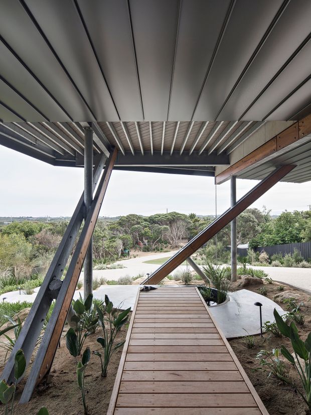 A covered outdoor entrance or walkway beneath a broad skillion-style roof canopy, supported by exposed dark timber and steel bracing. A timber boardwalk crosses a landscaped garden with native-style planting and leads toward a pale driveway and low-density landscape beyond. The image highlights the structural framing, corrugated metal roof soffit, and connection between the building and its outdoor setting.