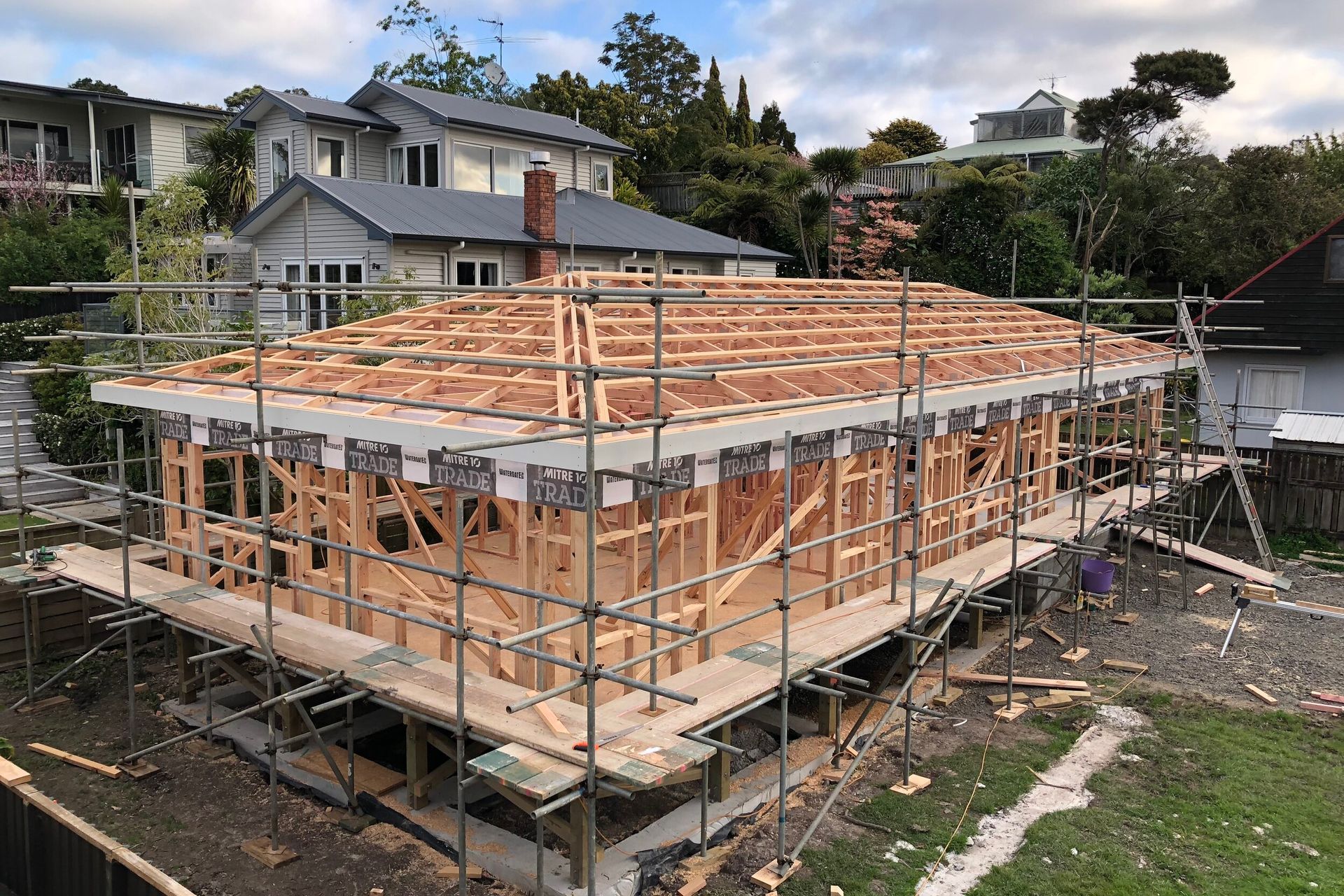 The framework for the house and garage