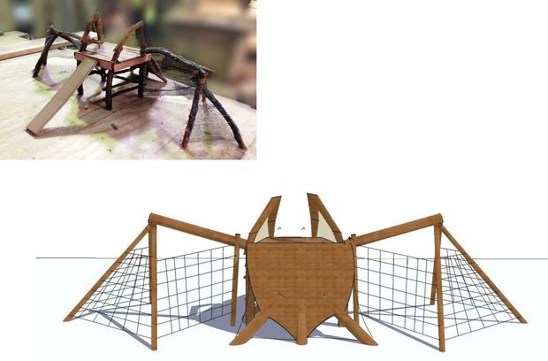 A composite image showing a conceptual architectural model and a digital elevation/rendering of a whimsical timber climbing or play structure. The design features a central enclosed wooden form with angled legs, projecting timber arms, and wire-mesh climbing panels on both sides.