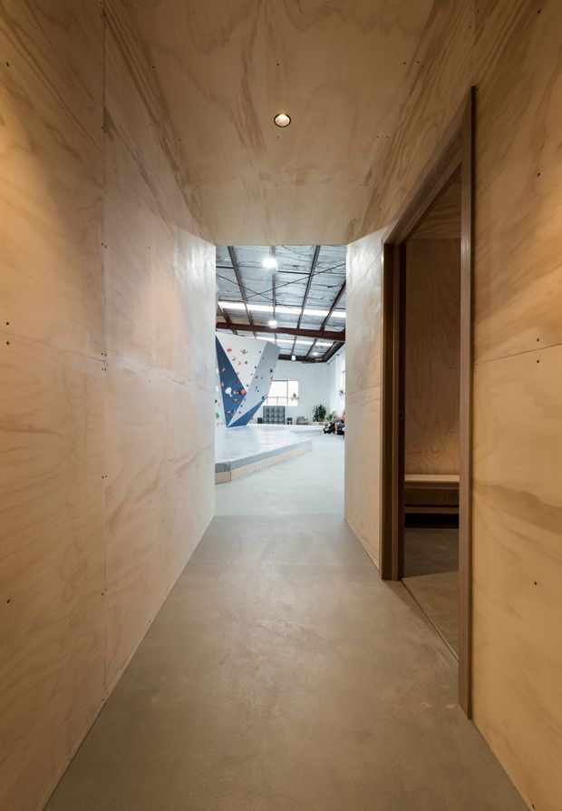 A narrow interior corridor lined with exposed plywood wall and ceiling panels, leading into a bright open industrial-style recreational space. The corridor has a smooth concrete floor, recessed ceiling lighting, and a timber-framed doorway on the right opening to a small stepped or seating area. Beyond the corridor is a large high-ceilinged space with exposed roof structure, polished concrete surfaces, and a colourful geometric climbing wall.