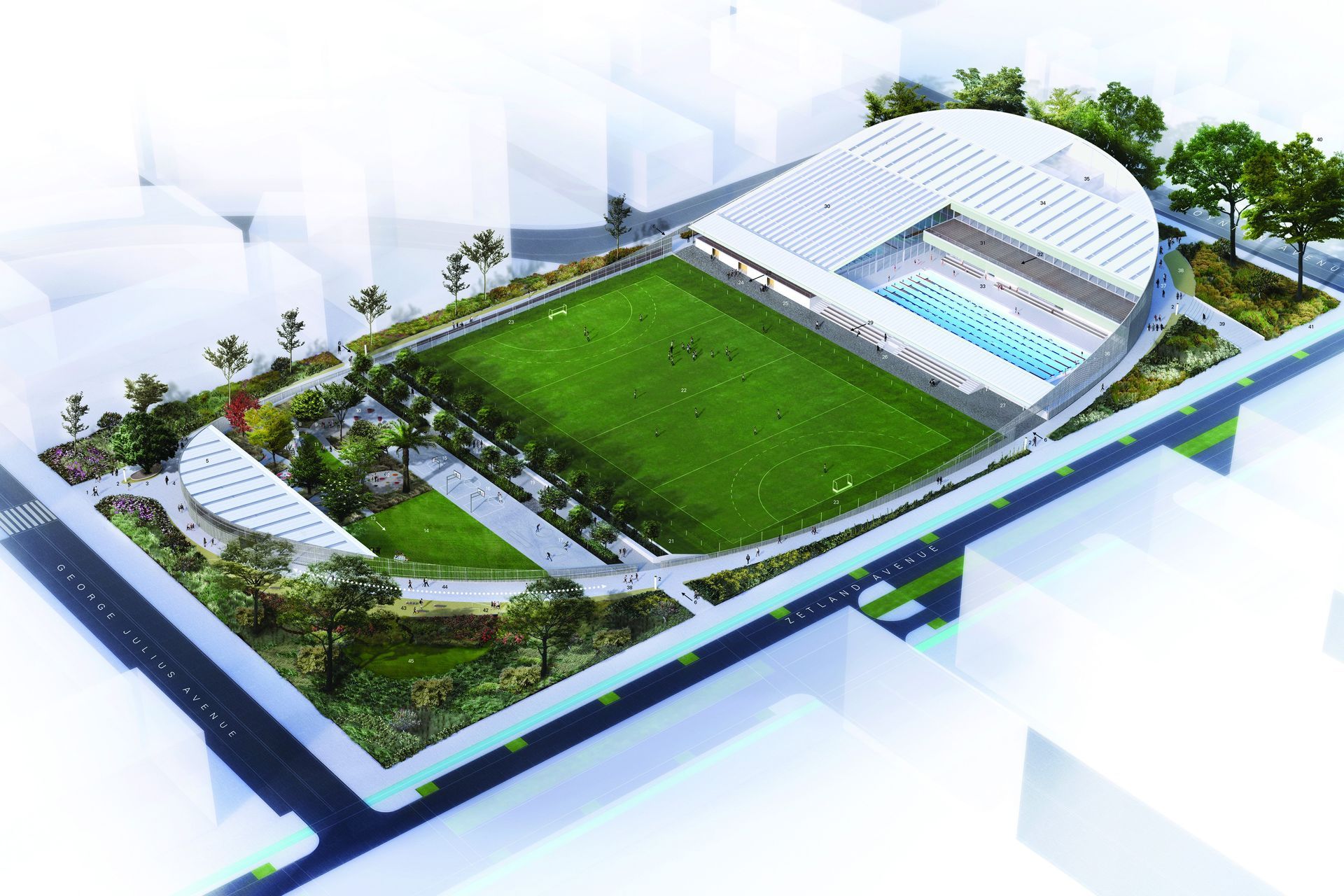 A continuous fence encloses the aquatic centre, sporting field and playground.