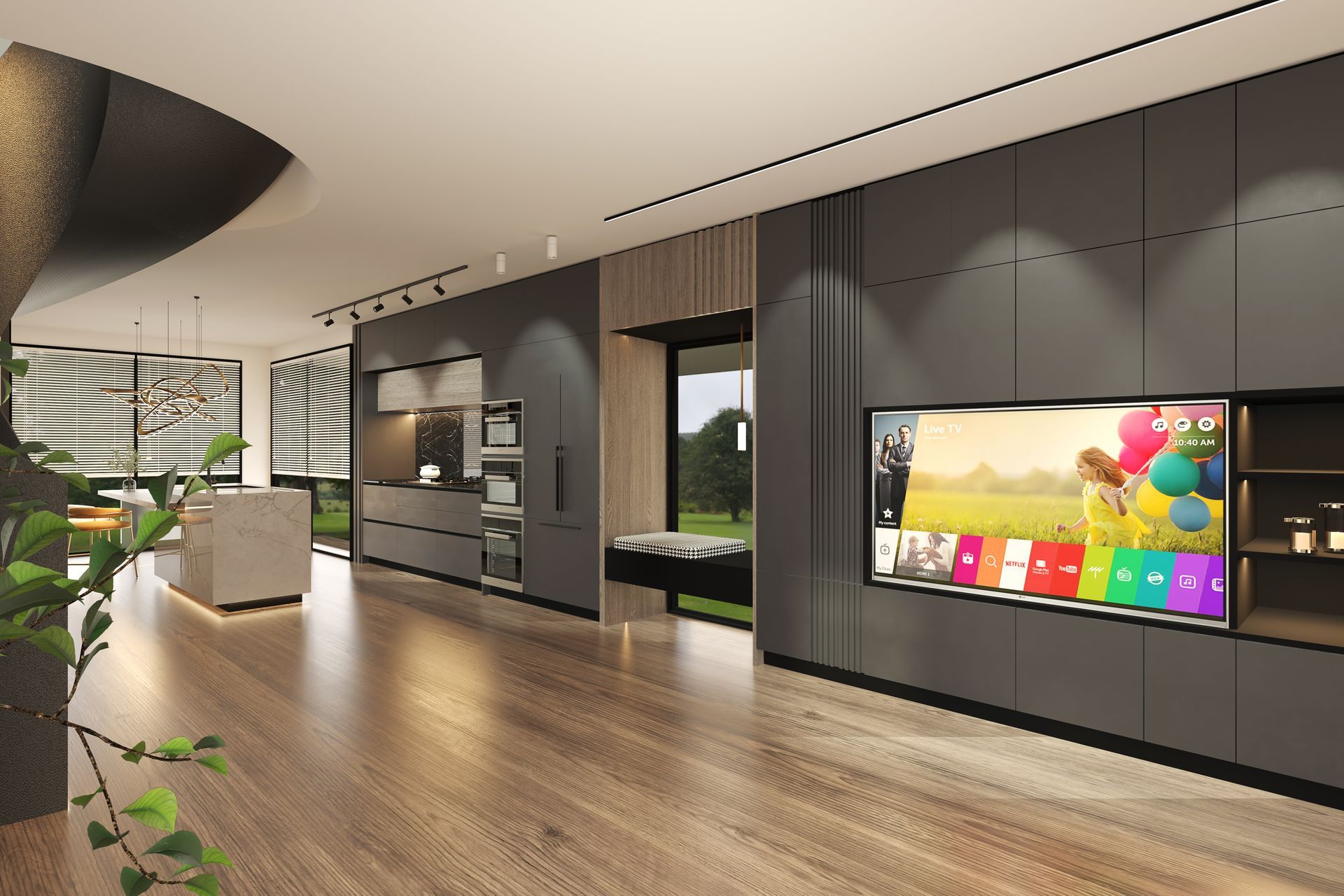 To incorporate indoor-outdoor integration, we set up seating in the window area. By placing the seats     near the windows, you can create a space that combines the indoors and outdoors.