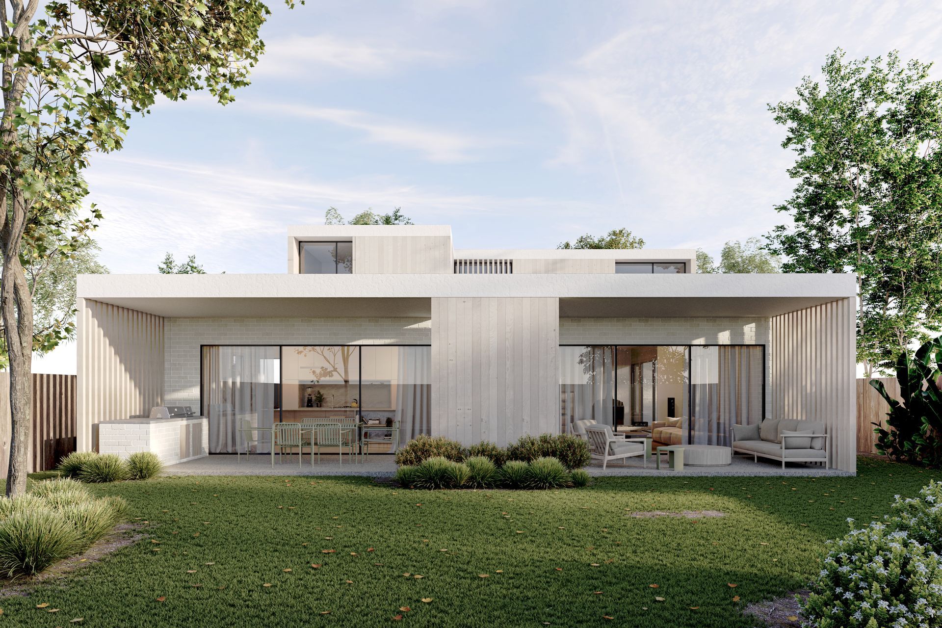  A clever extension to the internal living spaces, the entertaining area to the back of Cantilever House extends the length of the home and is accessed through sliding glass doors. Cool and shaded beneath a vast awning, the area is bathed in natural light via a central opening. Fitted with an inbuilt BBQ, the back patio is an idyllic space for entertaining or relaxing.