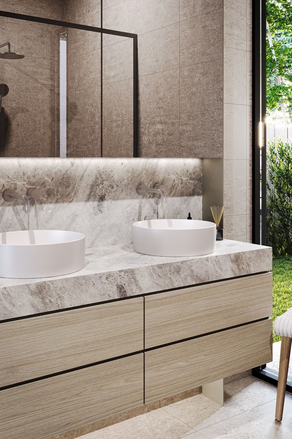 A natural separation between parent and child zones are cleverly established by the placement of each bathroom, with the downstairs master ensuite luxuriously appointed with double vanities, dual showers and marble benchtops.