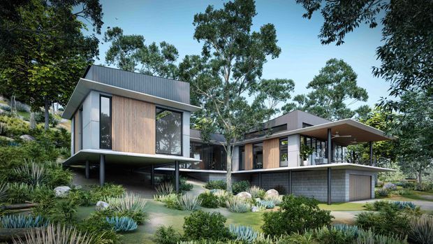 A contemporary multi-level residential house set into a landscaped, wooded site. The composition features several interconnected flat-roofed volumes, a raised upper-level pavilion on slender supports, extensive glazing, vertical timber-look wall cladding, dark metal roof and window frames, and an integrated lower-level garage. Native-style planting, rocks, and mature trees surround the building.