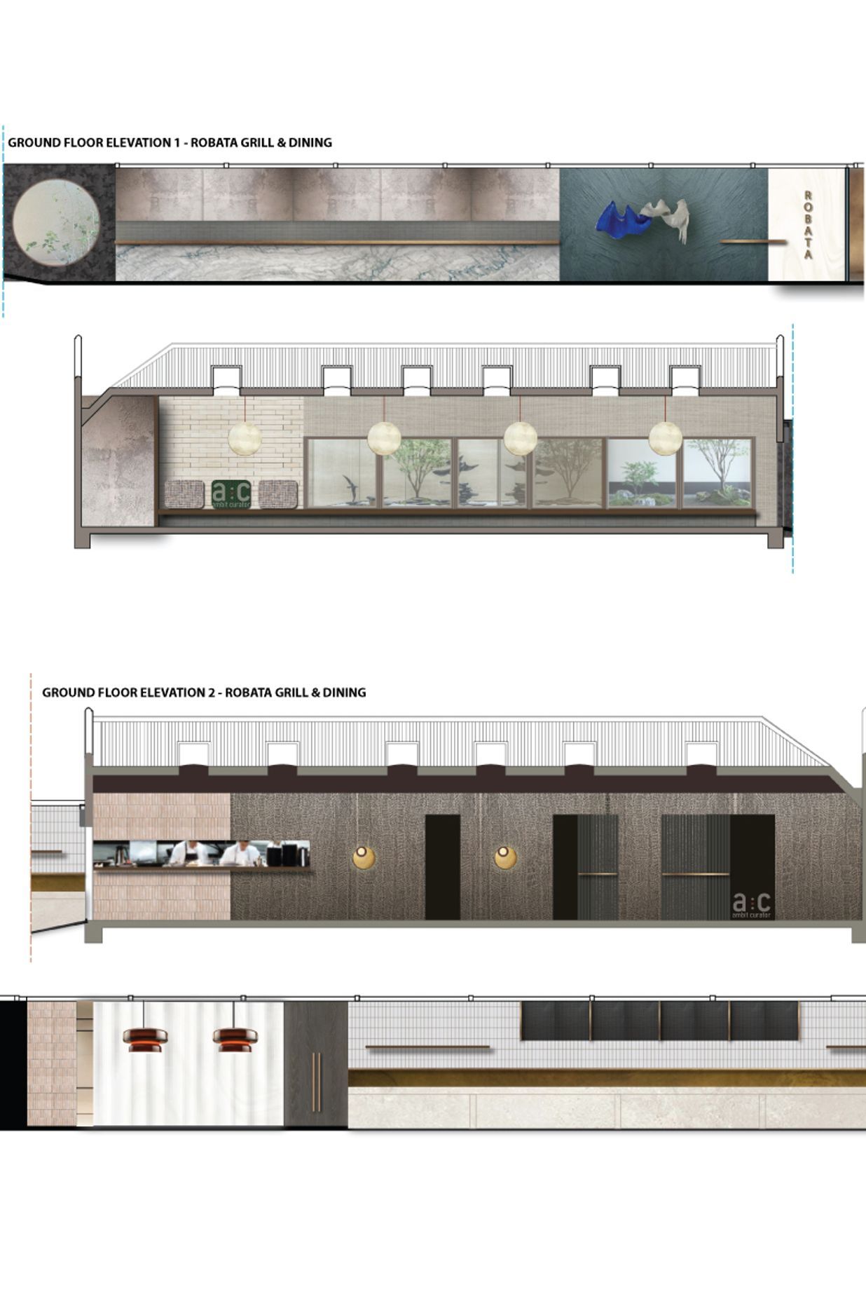 Concept design for ground floor Robata grille, bar and dining setting