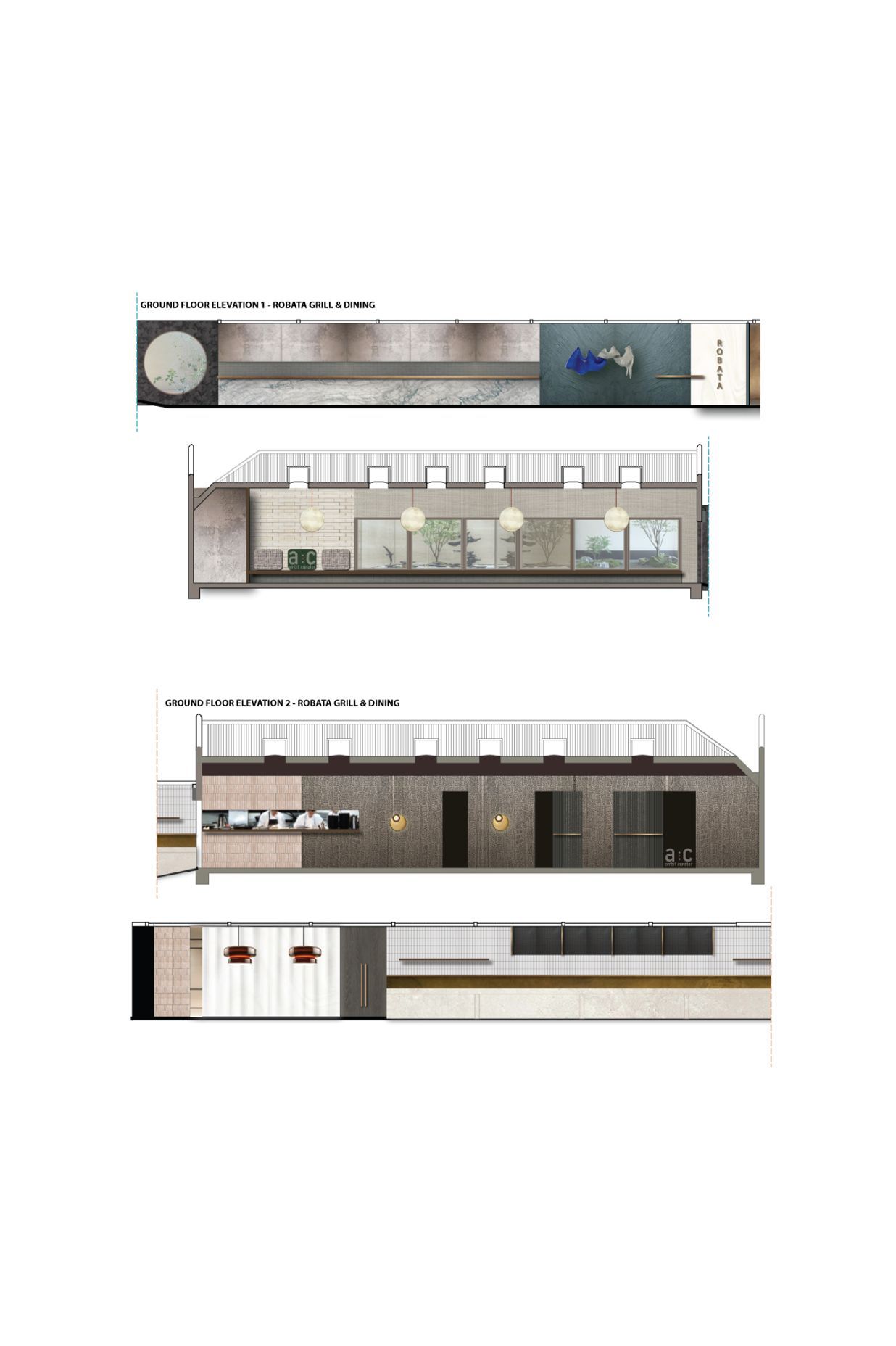 Concept design for ground floor Robata grille, bar and dining setting