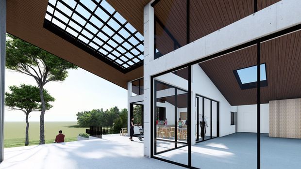 Architectural visualization of a spacious contemporary open-plan interior opening onto a terrace and landscape. The design features extensive black-framed glazing, exposed white structural beams, warm timber-clad ceilings, a dramatic glazed skylight, and a double-height volume. A dining area is visible through the glazing, with a light neutral floor and a timber feature wall.
