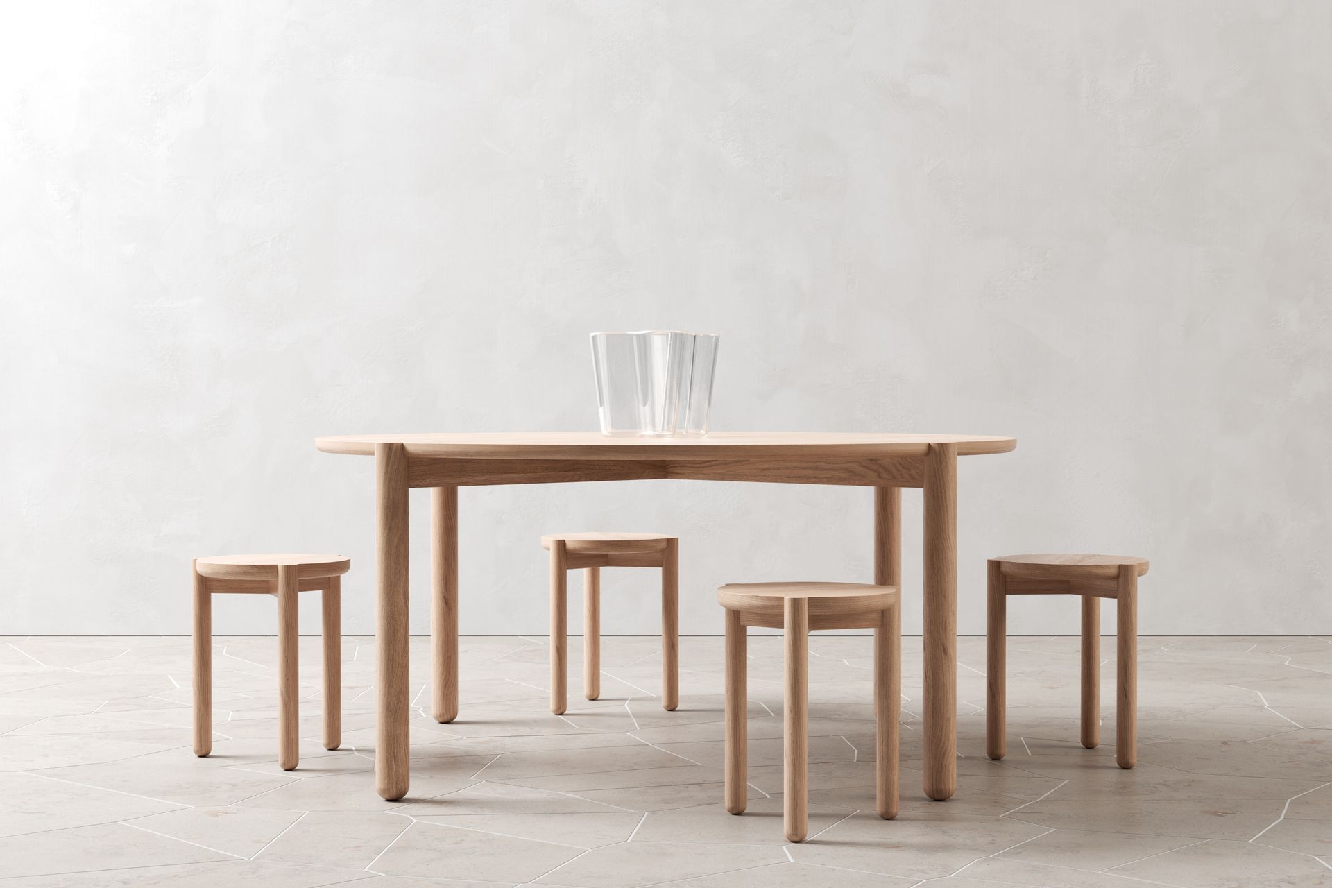 Multitude Dining Table + Stools - Natural Oak - 1600 Dia
