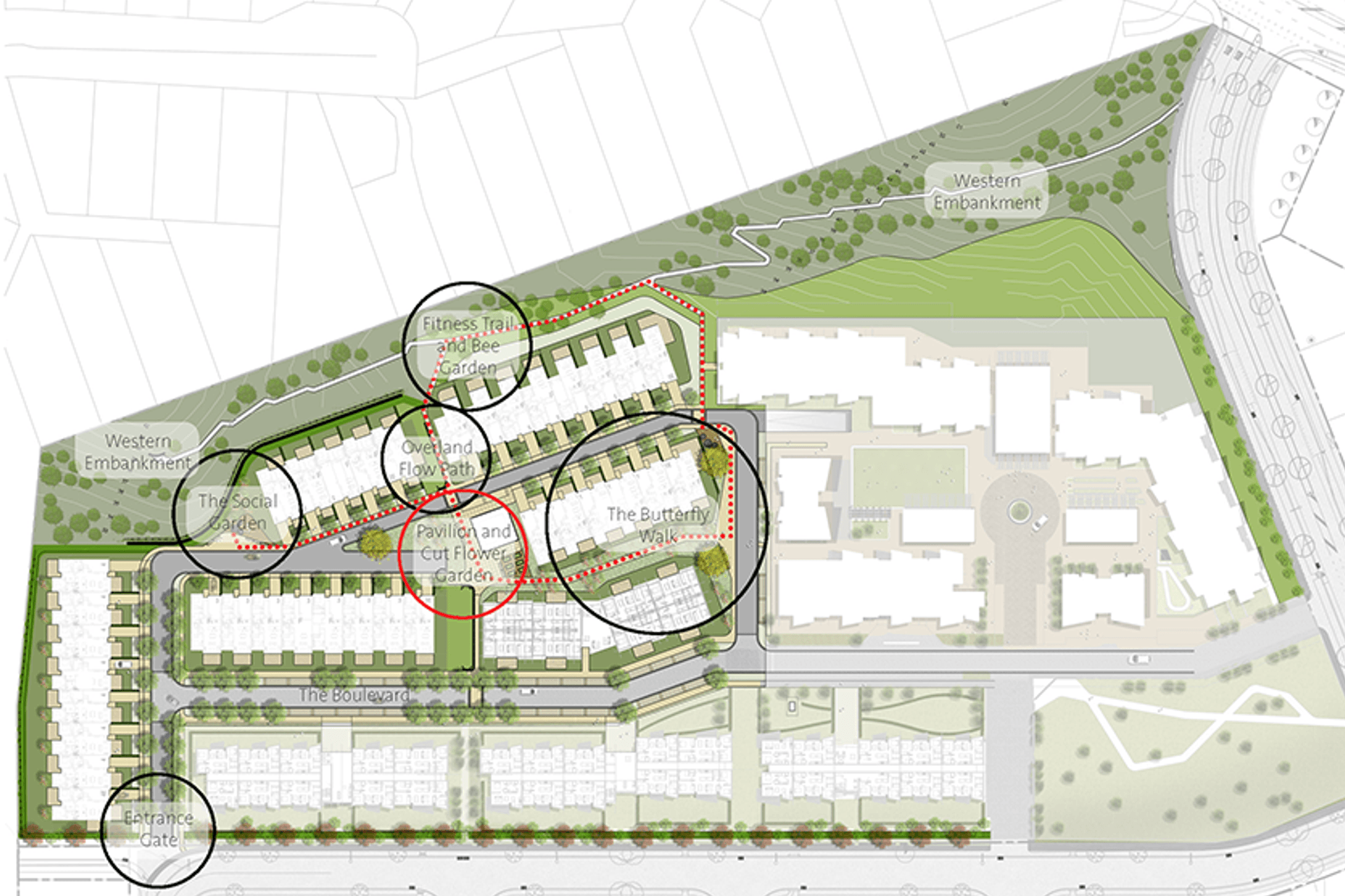 Gulf Rise Stage One site plan with the various landscaping elements identified.