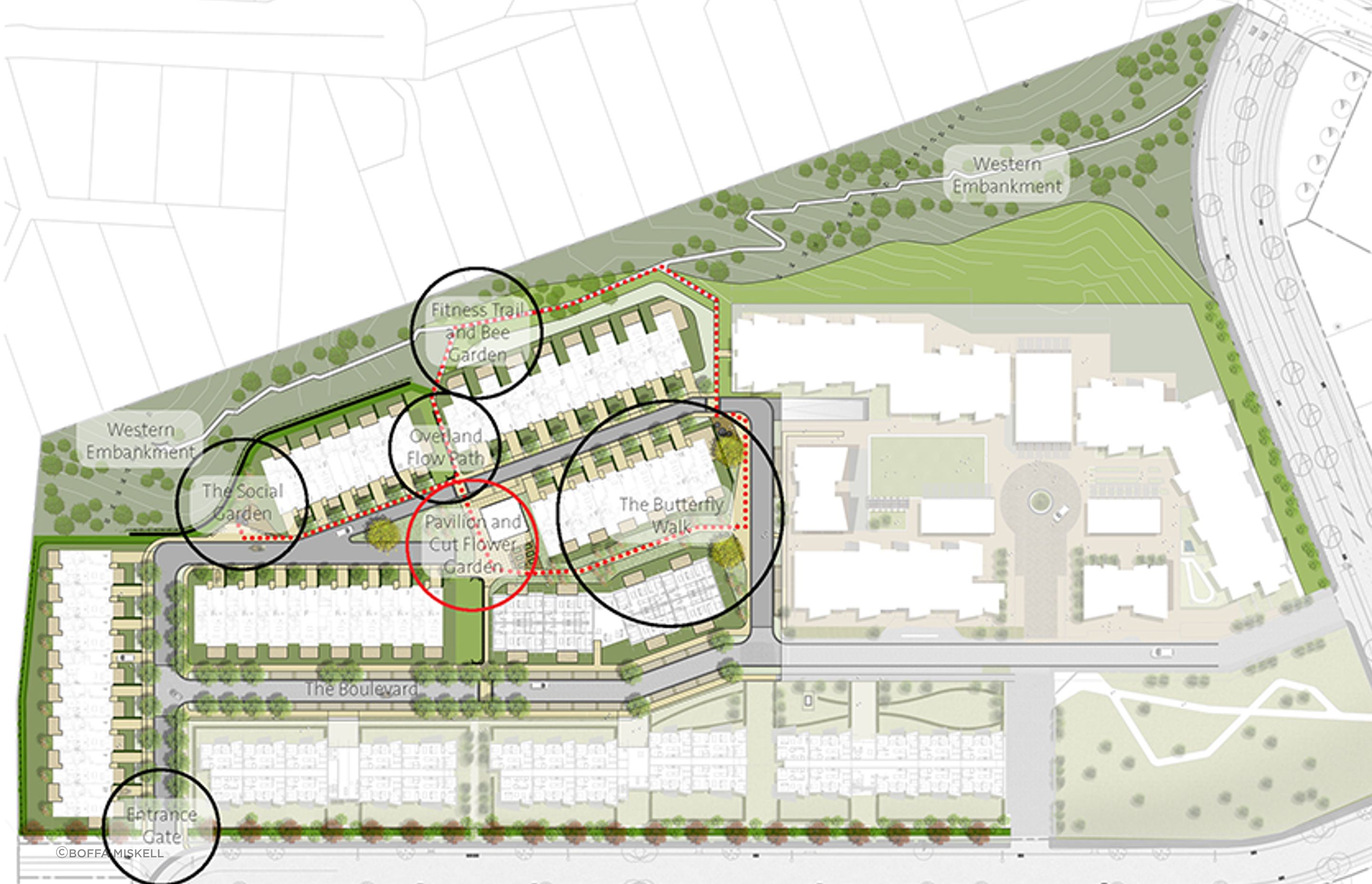 Gulf Rise Stage One site plan with the various landscaping elements identified.