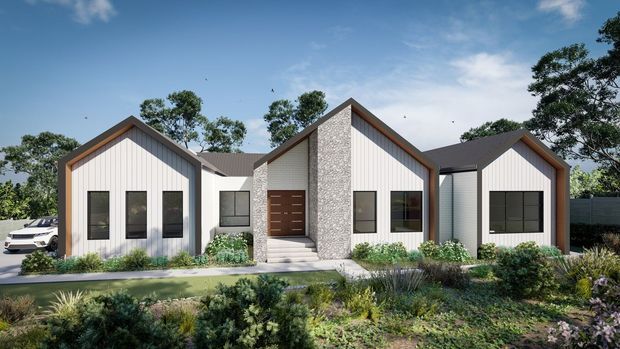 Front exterior rendering of a contemporary single-storey residence composed of several gabled volumes. The facade combines light vertical cladding, pale textured masonry around the recessed entry, dark-framed windows, and warm timber-toned gable trims. Low native-style landscaping and a paved path lead to the central front door, with a vehicle partially visible at the side.