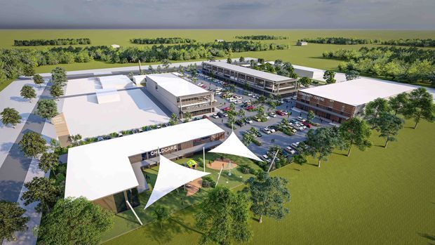 Aerial architectural rendering of a large contemporary commercial or institutional campus set in a landscaped semi-rural environment. Several low-rise buildings with broad flat roofs are arranged around parking areas, internal roads, and a central landscaped courtyard. The foreground building includes visible signage reading “CHILDCARE” and has a covered outdoor play or gathering area with tensile canopy structures. Additional multi-storey commercial buildings, extensive parking, planted edges, and surrounding open fields are visible.