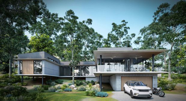 A photorealistic architectural rendering of a contemporary multi-level house set within a landscaped, wooded site. The building has a low-pitched roof, extensive floor-to-ceiling glazing, projecting cantilevered forms, slim dark structural posts, pale timber or concrete-look cladding, and an elevated garage/carport level. A white car and motorcycle are parked in the driveway, while native-style planting surrounds the house.