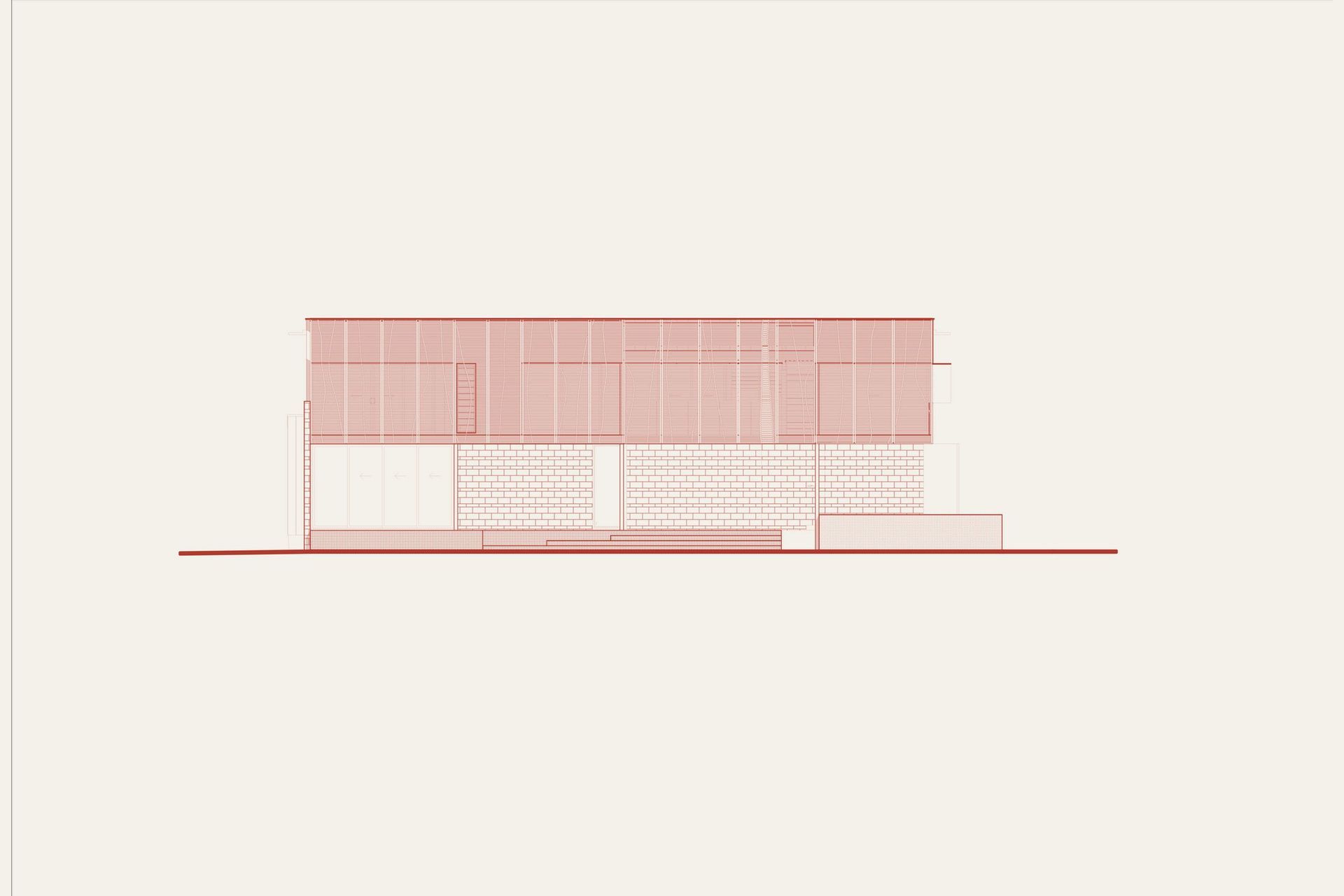 Eleutheria - Elevation. Street elevation drawing showing the screened upper level.