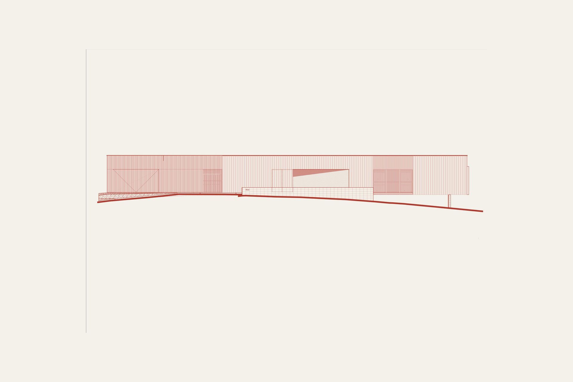 Seabrook and Borg Residence - Elevation. Elevation drawing showing the long, low form.