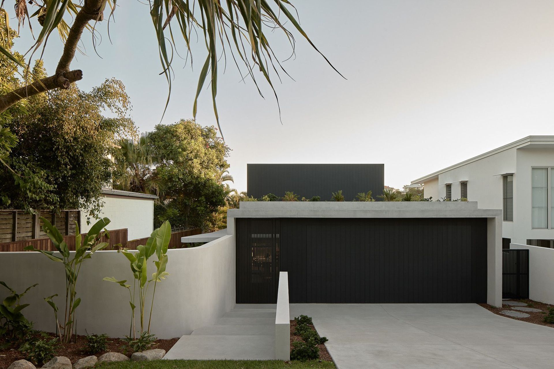 Wildflower Residence - Exterior. Street view of the dark clad garage and white rendered walls.