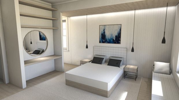 A bright, contemporary bedroom with a low-profile upholstered bed, integrated bedside tables, built-in open shelving and a desk niche with a round mirror. Pale timber-look and white wall finishes, vertical panel detailing, slim black pendant lights, and a built-in window seat create a clean, streamlined interior.
