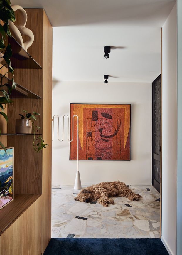 A refined residential entryway or hallway with a warm timber built-in display wall and open shelving, trailing plants, sculptural ceramics, and framed artwork. The space features a pale terrazzo-like stone floor with dark inlays, a deep navy rug, white walls and ceiling, black track spotlights, and a decorative dark metal door or screen. A shaggy rug or pet bed lies on the floor beneath a vivid rust-orange artwork, creating a warm, artful, contemporary atmosphere.