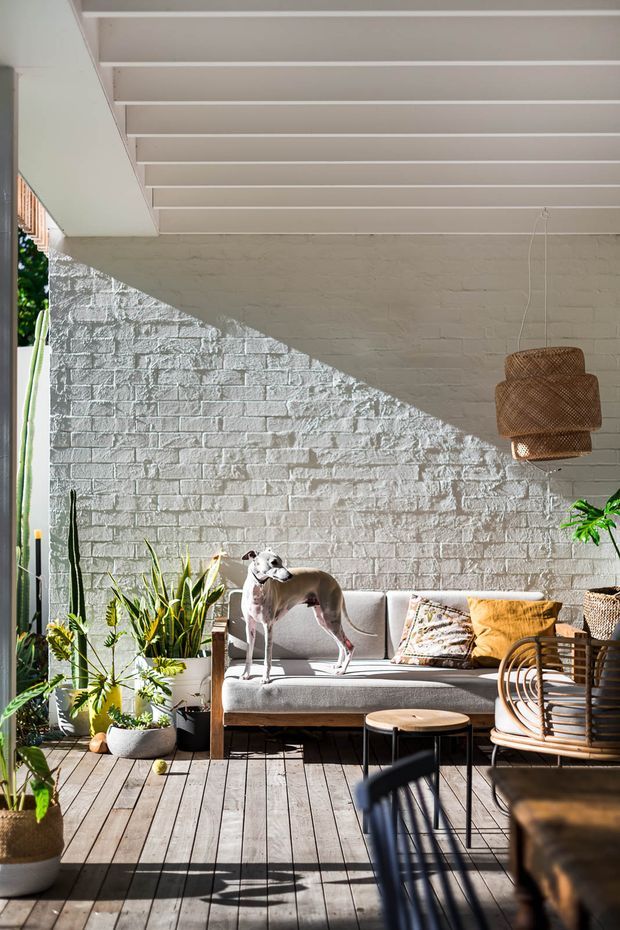 A bright covered outdoor lounge or sunroom with a white-painted exposed brick wall, timber deck flooring, white slatted ceiling, and large openings to the garden. A light upholstered sofa, woven hanging pendant, cane armchair, indoor plants, and a dog create a relaxed tropical/coastal atmosphere. Strong sunlight casts geometric shadows across the wall and deck.