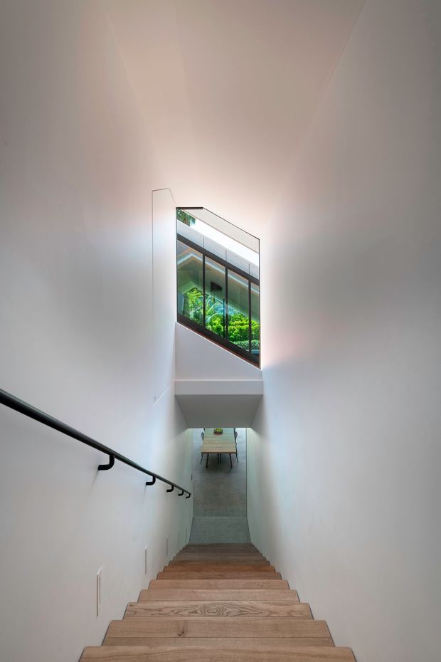 A minimalist interior stairway viewed from the upper landing, with broad light timber treads descending between tall smooth white walls. A slim black handrail runs along the left wall, and a large internal glazed opening at the lower landing looks onto lush greenery and brings in natural light. A dining table is partially visible at the bottom of the stairs.