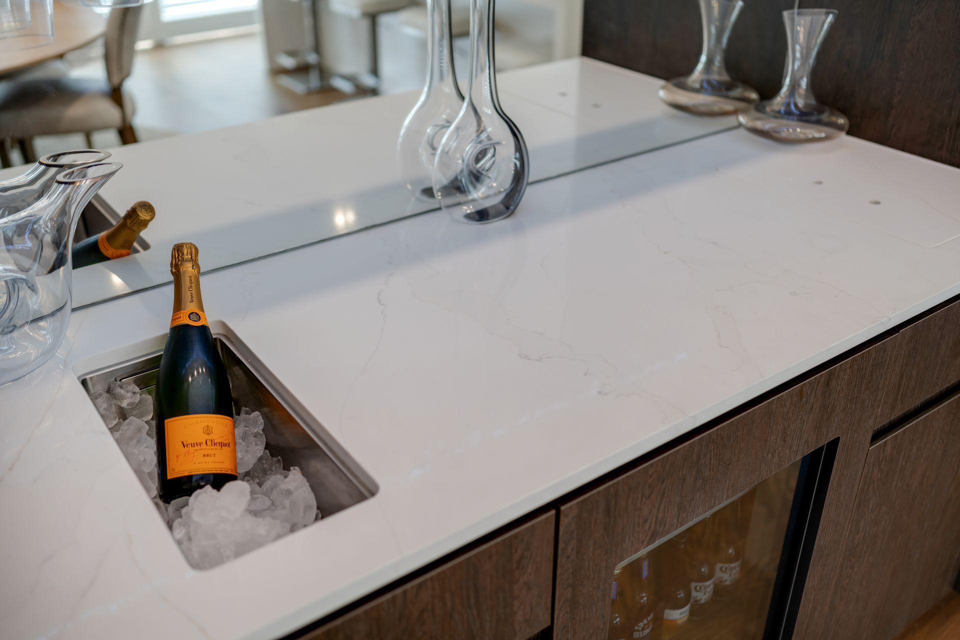 Not your average wet bar. This one's got high-end materials, brass accents, and a soft glow that pulls you in.