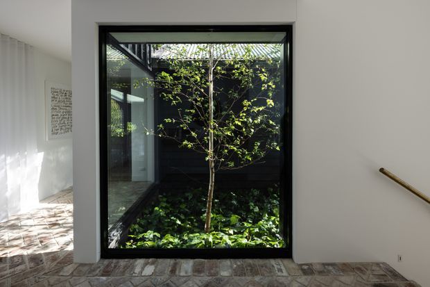 Interior view of a refined hallway or circulation space centred on a large black-framed glazed opening onto a small planted courtyard. White walls, a timber handrail, and a patterned natural-stone or brick-like floor create a bright, minimalist composition, with daylight filtering through the courtyard and adjacent glazing.