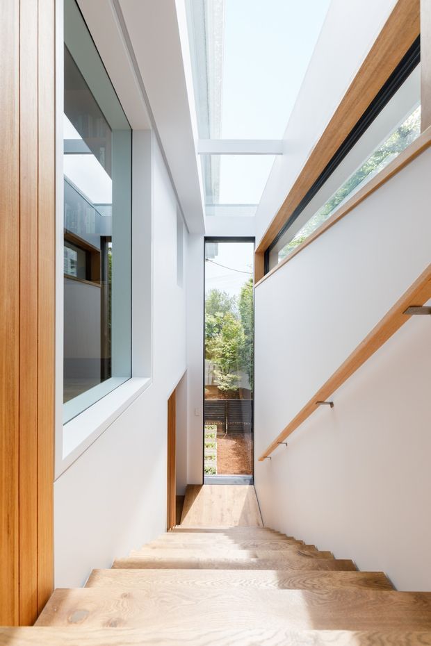 Bright contemporary stairway with broad pale timber treads descending through a narrow double-height circulation space. White plaster walls are combined with extensive glazing, a large overhead skylight, and warm timber-framed openings and handrails. Natural light floods the stairwell, with views to greenery through the full-height window at the far end.