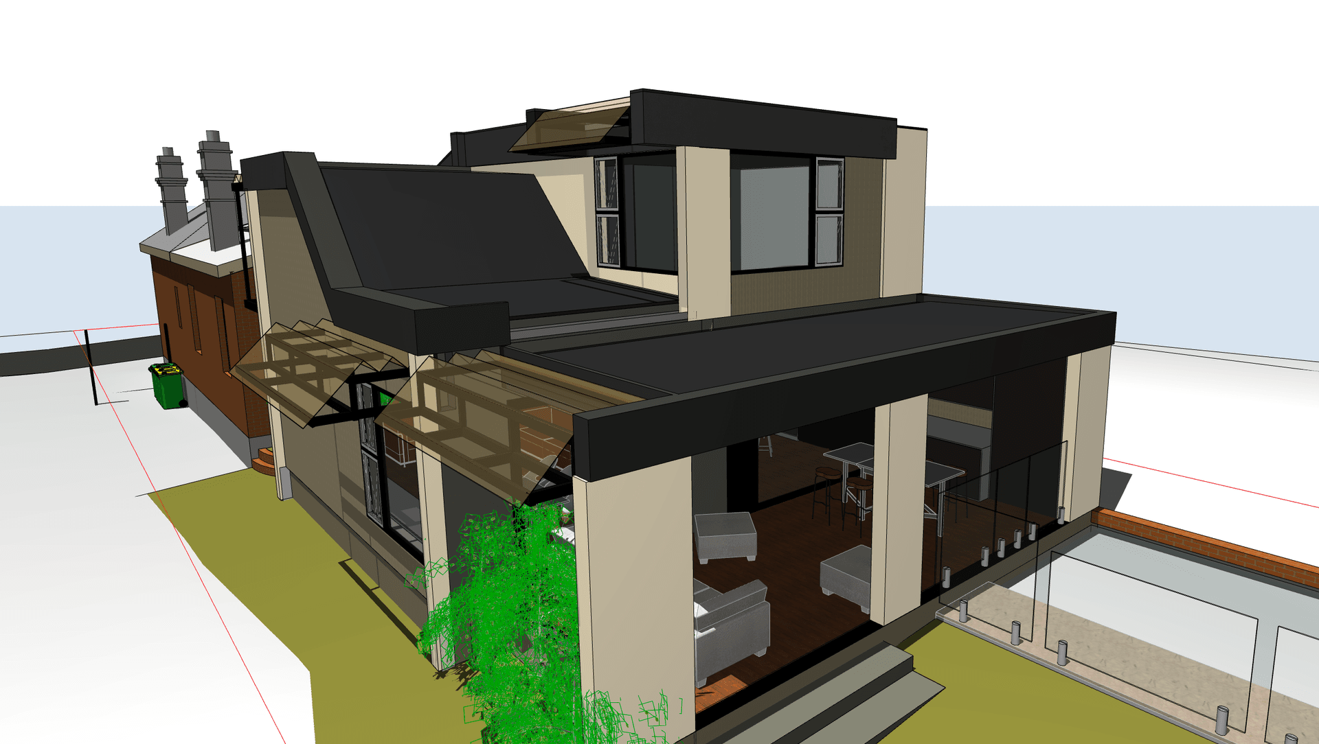 Archicad render of the renovation project. Most of the construction is set behind the existing Federation Era (1914) Cottage, and separated by a linked courtyard. A first floor area includes the master bedroom suite with the ground floor living areas enjoying double height spaces.
