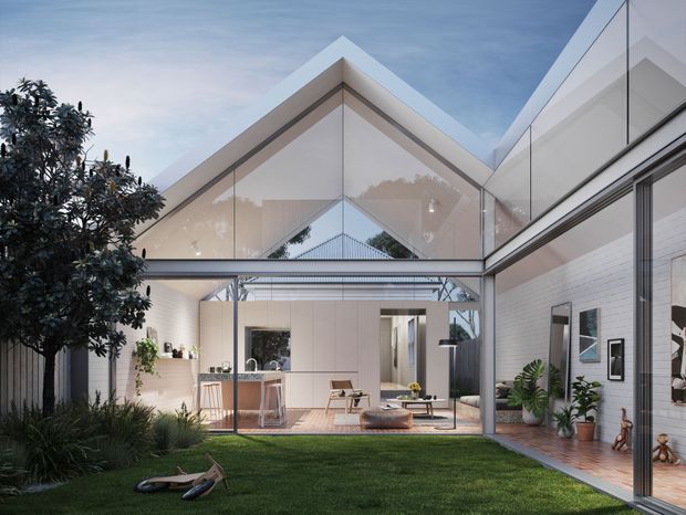 A contemporary courtyard-facing residential interior and exterior composition, viewed from a landscaped lawn. The main building features a high glazed gable roof over an open-plan living and dining area, with extensive floor-to-ceiling glazing, slim dark metal framing, pale walls, and a timber-toned floor. A covered glass link connects the spaces around the central courtyard, creating a bright indoor–outdoor setting.