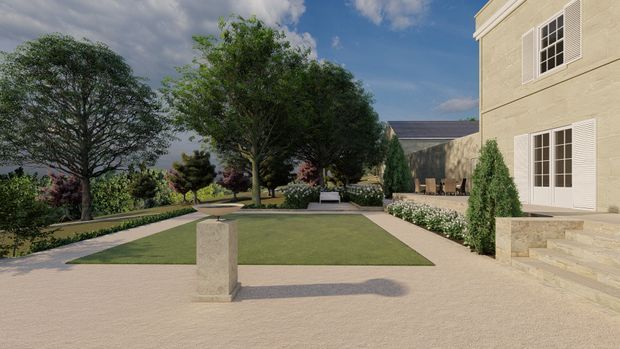 A formal landscaped courtyard beside a pale stone or rendered multi-storey building. The garden features a broad gravel or paved forecourt, a rectangular lawn, symmetrical light-coloured pathways, clipped conical shrubs, mature trees, planted borders, and steps leading to tall French doors. The scene has a refined, traditional estate-like character under a partly cloudy sky.