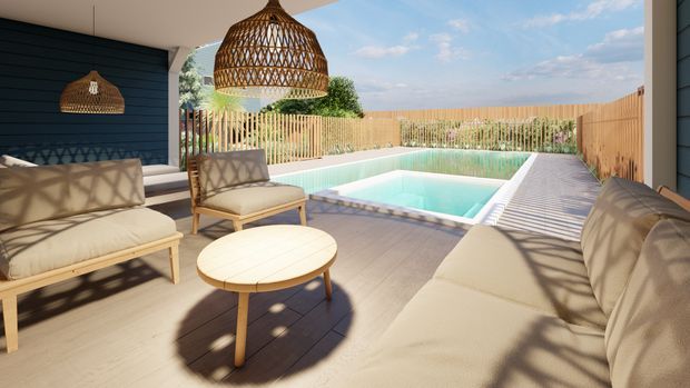 A bright covered outdoor lounge opening onto a rectangular swimming pool. The space features cushioned seating, a round timber coffee table, woven pendant lights, dark horizontal wall cladding, timber decking, and a slatted timber privacy fence. Strong patterned shadows and a blue-sky outlook create a relaxed resort-like atmosphere.