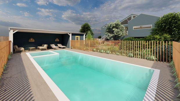 A landscaped backyard with a large rectangular swimming pool, timber decking, and a slatted timber privacy fence. A dark-clad poolside pavilion contains outdoor lounge furniture, while a contemporary multi-gabled house with blue-grey cladding is visible behind the fence.