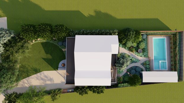 Top-down architectural site rendering of a contemporary single-storey residence with a simple white geometric roof form, dark side wall, landscaped garden, curved lawn, paved driveway and paths, and a rectangular swimming pool in a private rear courtyard.
