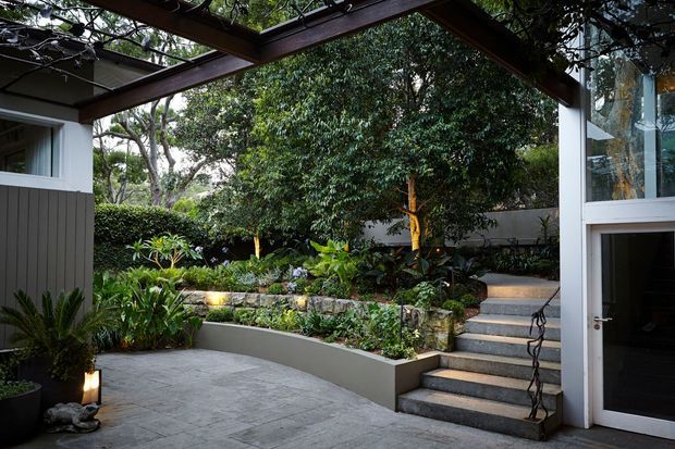 A landscaped courtyard or garden terrace viewed from beneath a dark timber-framed glazed canopy. The space features pale paved flooring, curved raised garden beds with stone retaining walls, dense tropical planting, and a short flight of steps leading to a glass-doored building entrance. White and dark grey architectural elements frame the courtyard.